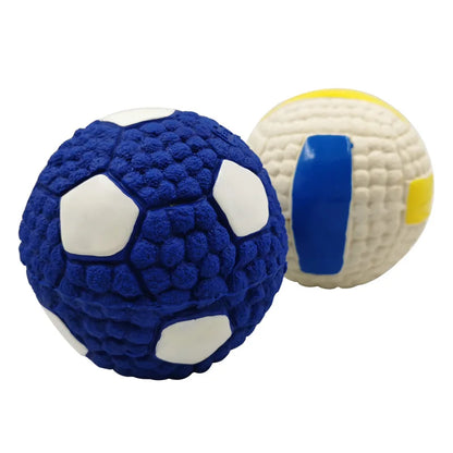 Soft latex ball with a squeaker for small and large dogs. Shaped like a game ball such as rugby, tennis, volleyball, soccer, and basketball. Engages your pet in play and helps clean their teeth
