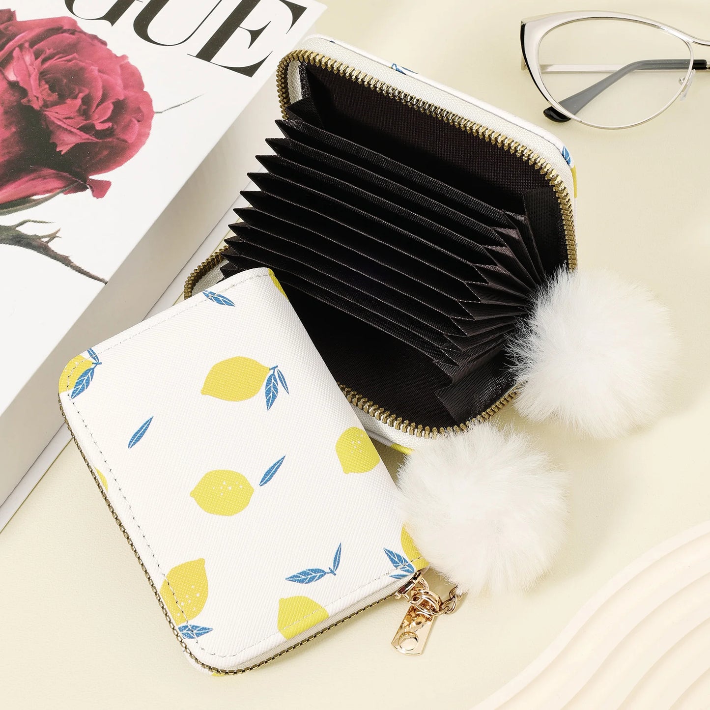 New women's card case With a Pom-pom Charm, Credit card holder, women's short wallet