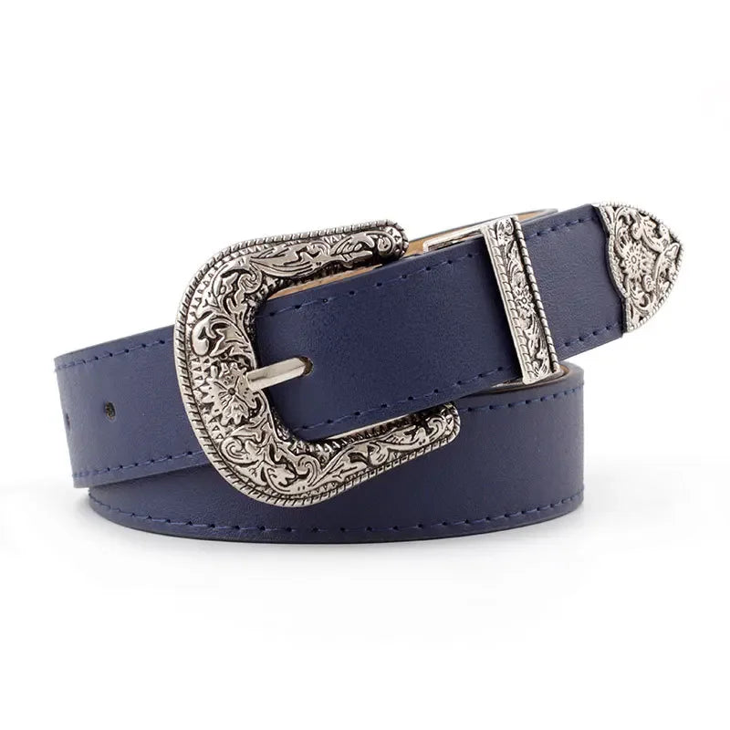 Adjustable women's boho western style belt with round buckle