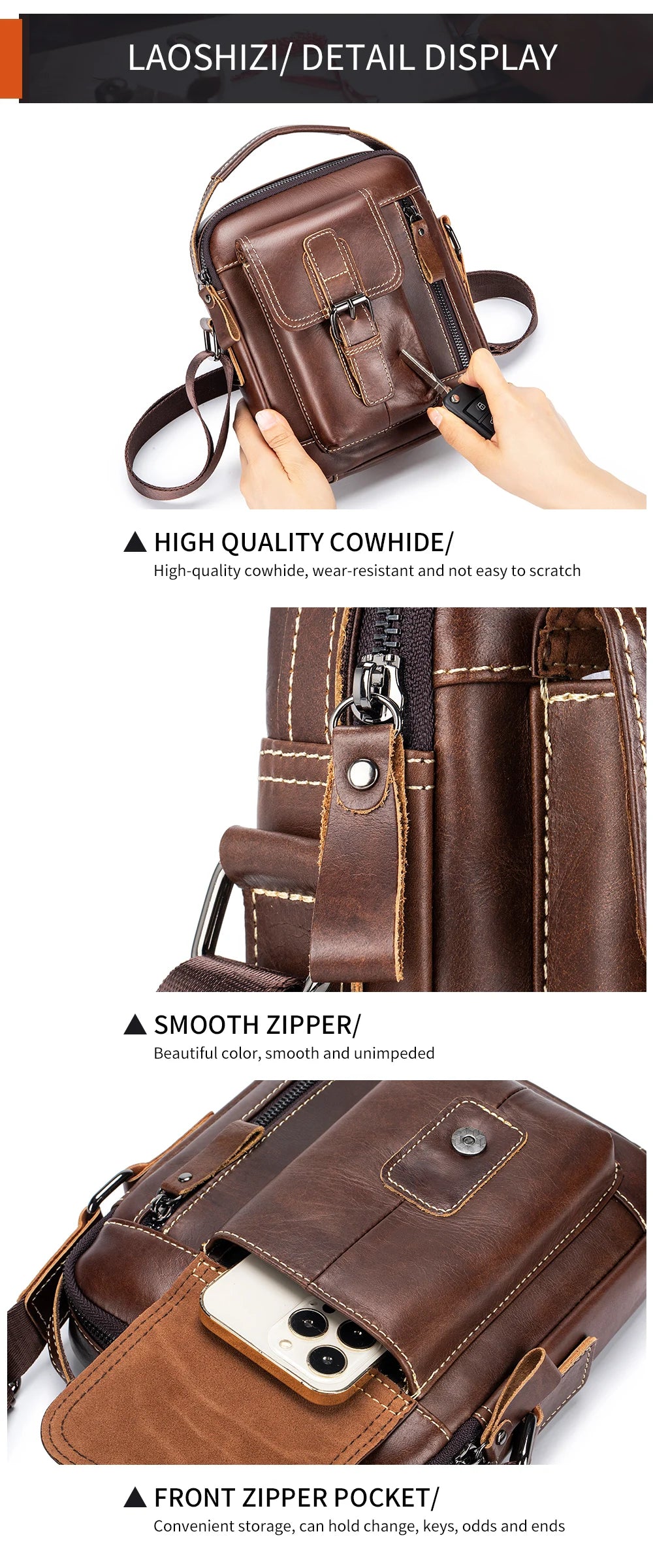 Small and versatile vertical shoulder bag in genuine leather for men