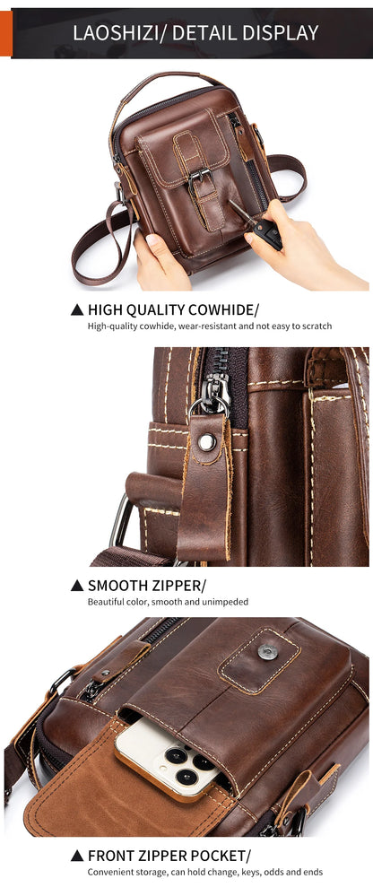 Small and versatile vertical shoulder bag in genuine leather for men