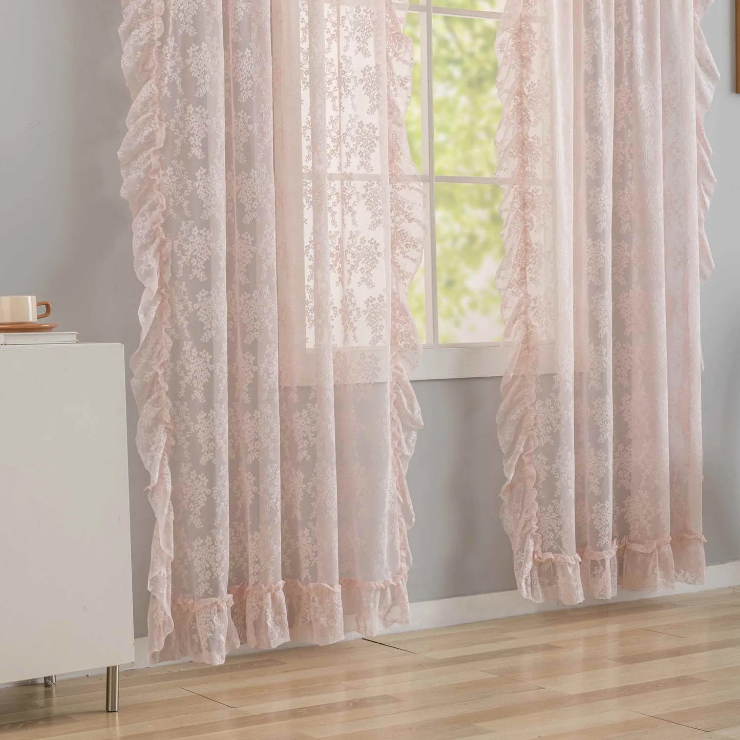 2PC French Pastoral Embroidery Lace Pink Sheer Curtains For Bedroom Living