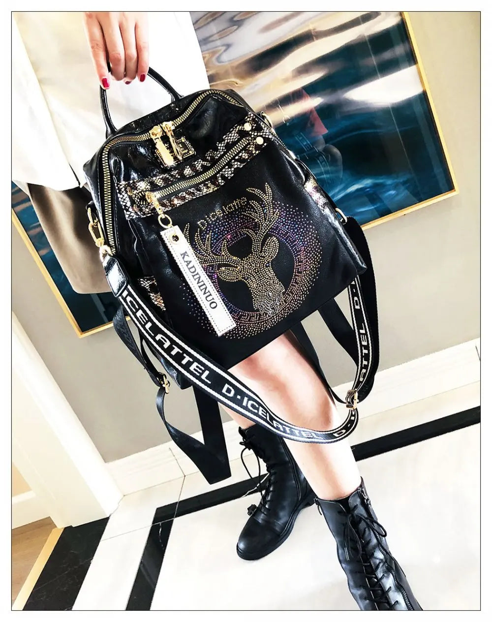 Stylish, modern, and beautiful women's backpack in soft leather with a sparkling rhinestone print