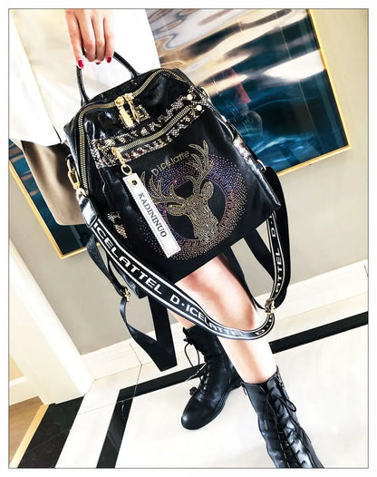 Stylish, modern, and beautiful women's backpack in soft leather with a sparkling rhinestone print