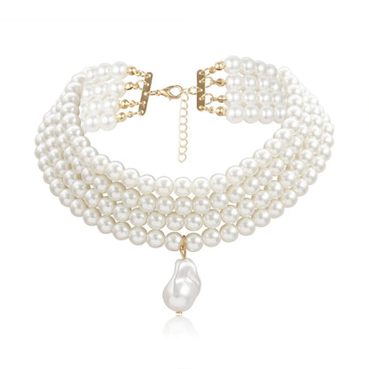 Sophisticated and elegant classic multi-strand choker necklace featuring round pearls and a pearl pendant, perfect for parties and other special occasions