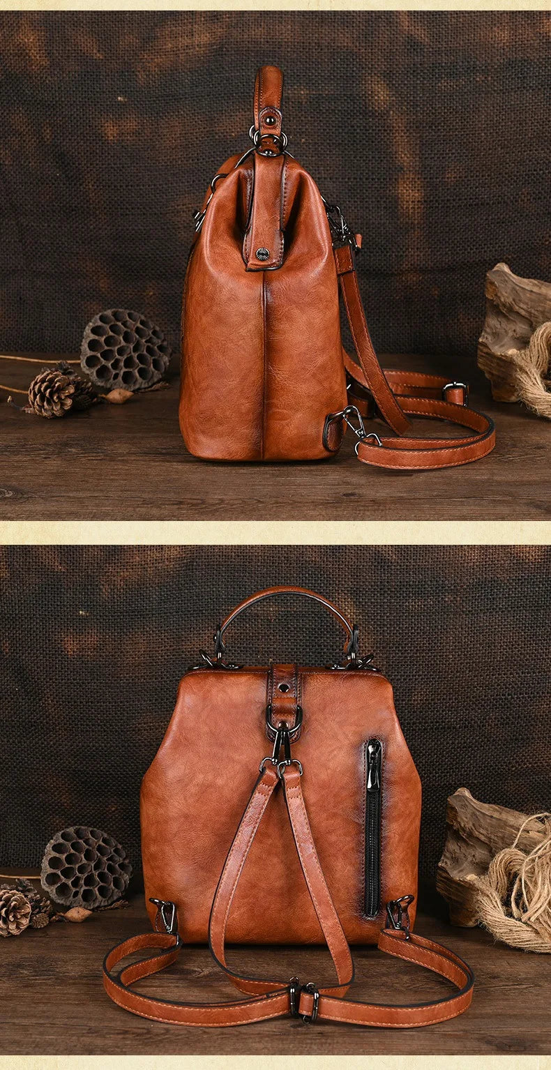 Women's vintage leather backpack, luxurious and elegant