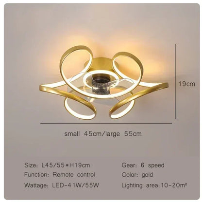 Smart Nordic ceiling fan with LED light, dimmable and silent, with remote control. Bedroom lighting