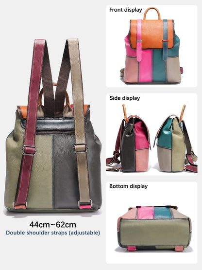 Women's Genuine Leather Backpack – Stylish, Spacious, and Featuring a Patchwork Design