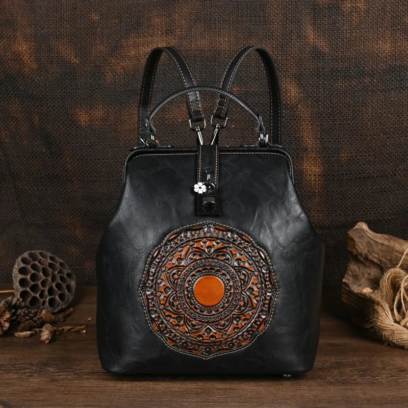 Women's vintage leather backpack, luxurious and elegant