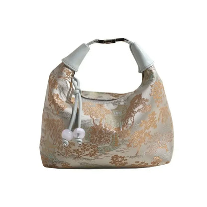 Women's embroidered handbag with zipper, made of silky fabric, adjustable strap