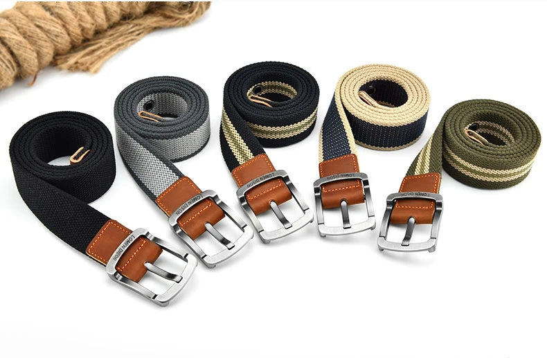 Men's tactical canvas belt, modern and casual, goes well with jeans, ideal accessory for outdoor sports and hunting, with nylon pin buckle