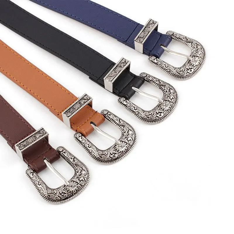 Adjustable women's boho western style belt with round buckle