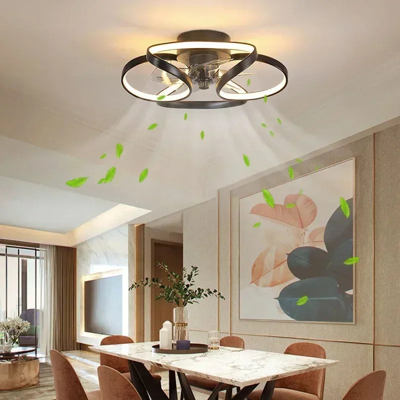 Smart Nordic ceiling fan with LED light, dimmable and silent, with remote control. Bedroom lighting
