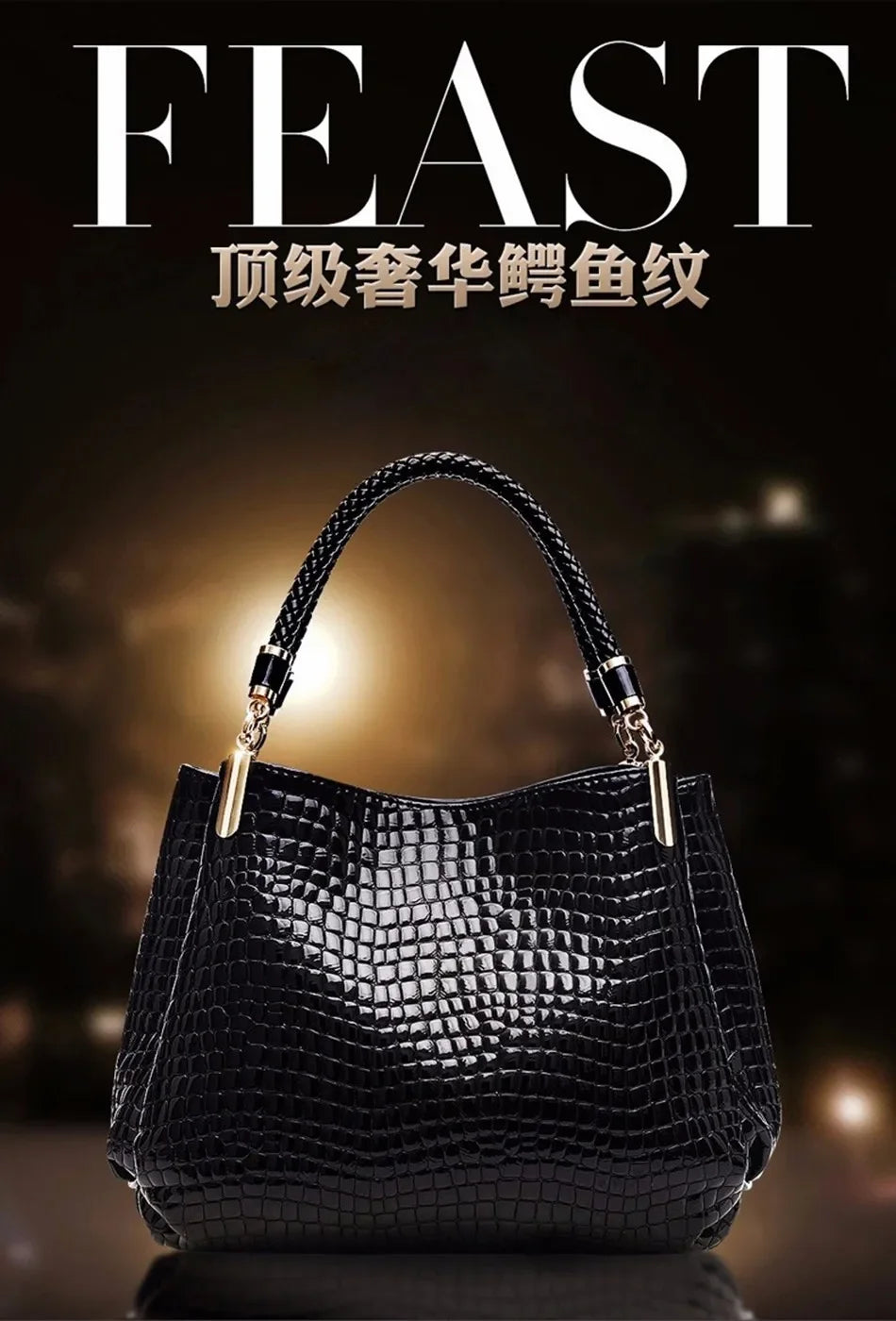Women's satchel and tote bag with crocodile print and top handle. Stylish
