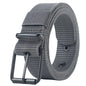 Unisex canvas belt with pin buckle and leather detail. Modern with eyelets and perfect for wearing with jeans.