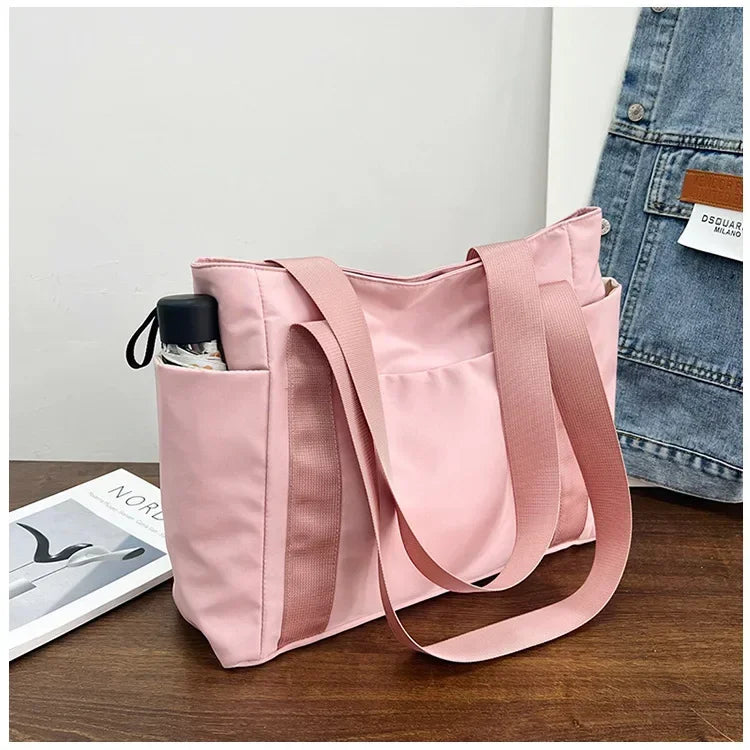 Bolsa de ombro de grande capacidade para mulheres, bolsa casual de nylon durável com vários bolsos, sacola de viagem leve