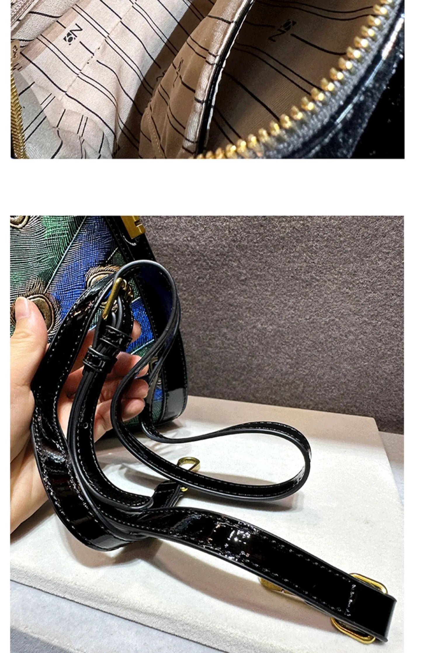 On sale! Women's handbag in high-quality cowhide leather with a peacock print. Shoulder strap is adjustable