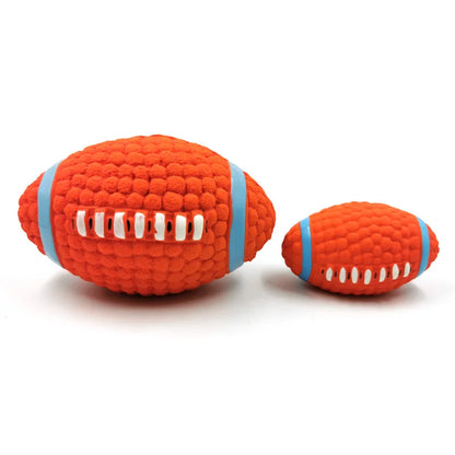 Soft latex ball with a squeaker for small and large dogs. Shaped like a game ball such as rugby, tennis, volleyball, soccer, and basketball. Engages your pet in play and helps clean their teeth