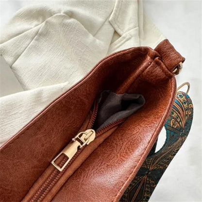 Women's bohemian-style handbag with vintage embroidery and a wide strap