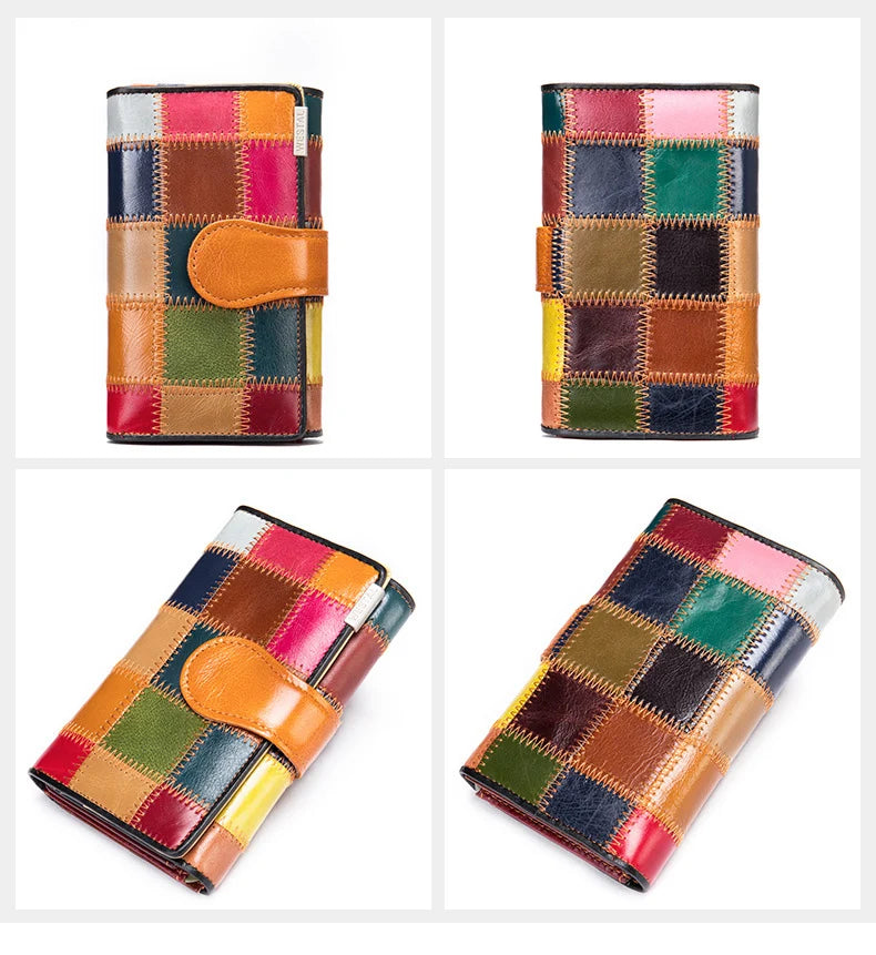 Elegant, compact women's wallet featuring a two-tone design, coin pocket, multiple card slots, and a money clip; crafted from high-quality genuine leather.