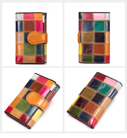 Elegant, compact women's wallet featuring a two-tone design, coin pocket, multiple card slots, and a money clip; crafted from high-quality genuine leather.