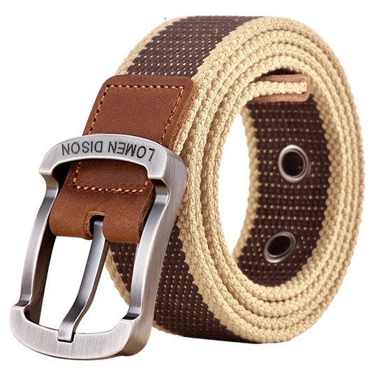 Men's tactical canvas belt, modern and casual, goes well with jeans, ideal accessory for outdoor sports and hunting, with nylon pin buckle