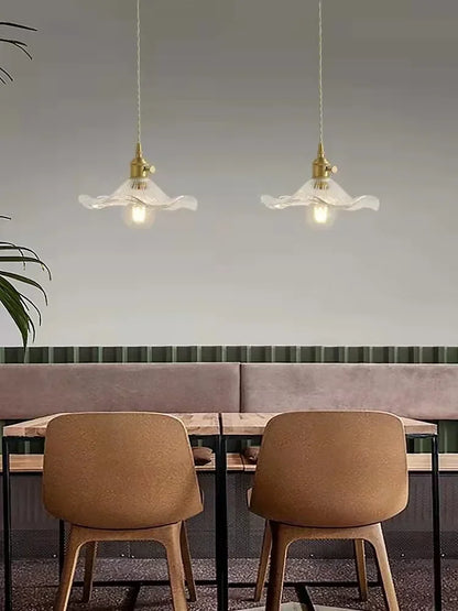 Simple Nordic-style LED pendant lights for bedroom, living room, bar, with colored glass details and copper finish