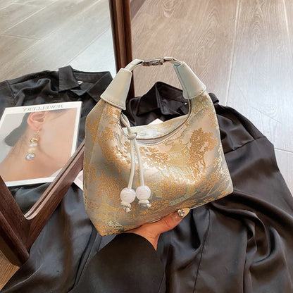 Women's embroidered handbag with zipper, made of silky fabric, adjustable strap