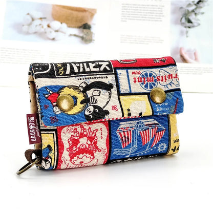 Women's wallet with cartoon print for girls, with key holder and coin purse in various designs.