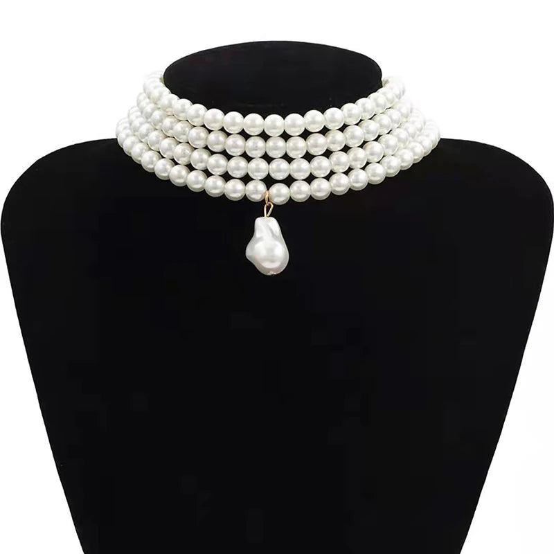 Sophisticated and elegant classic multi-strand choker necklace featuring round pearls and a pearl pendant, perfect for parties and other special occasions