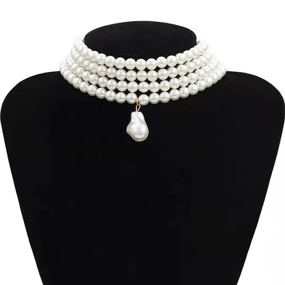 Sophisticated and elegant classic multi-strand choker necklace featuring round pearls and a pearl pendant, perfect for parties and other special occasions