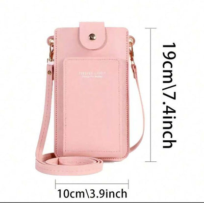 Modern shoulder bag in a solid color, with compartments for cell phone, wallets, and document holder