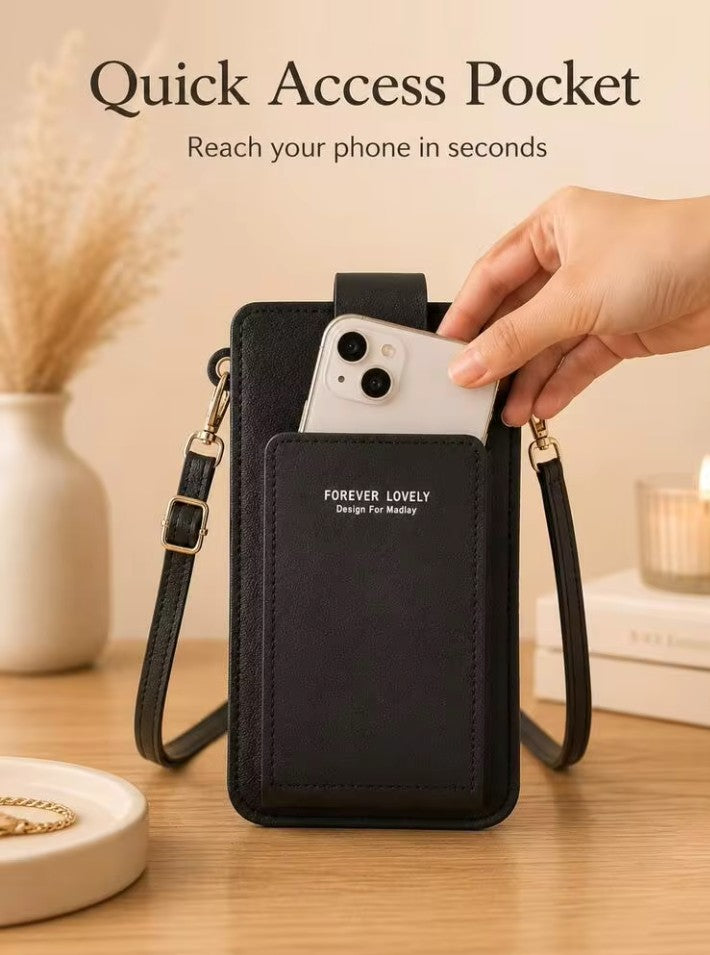 Modern shoulder bag in a solid color, with compartments for cell phone, wallets, and document holder