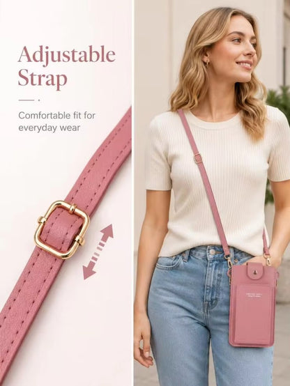 Modern shoulder bag in a solid color, with compartments for cell phone, wallets, and document holder