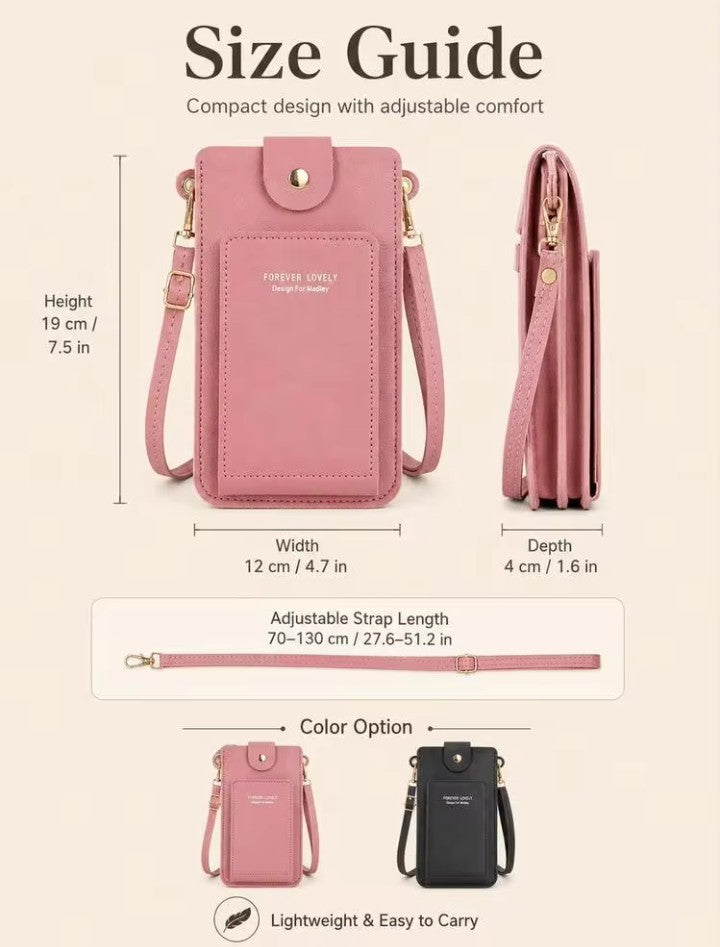 Modern shoulder bag in a solid color, with compartments for cell phone, wallets, and document holder