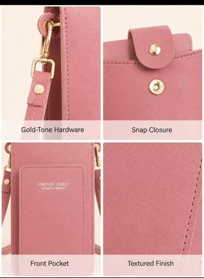 Modern shoulder bag in a solid color, with compartments for cell phone, wallets, and document holder