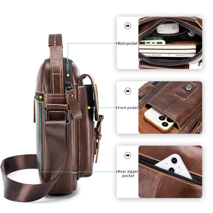 Small and versatile vertical shoulder bag in genuine leather for men