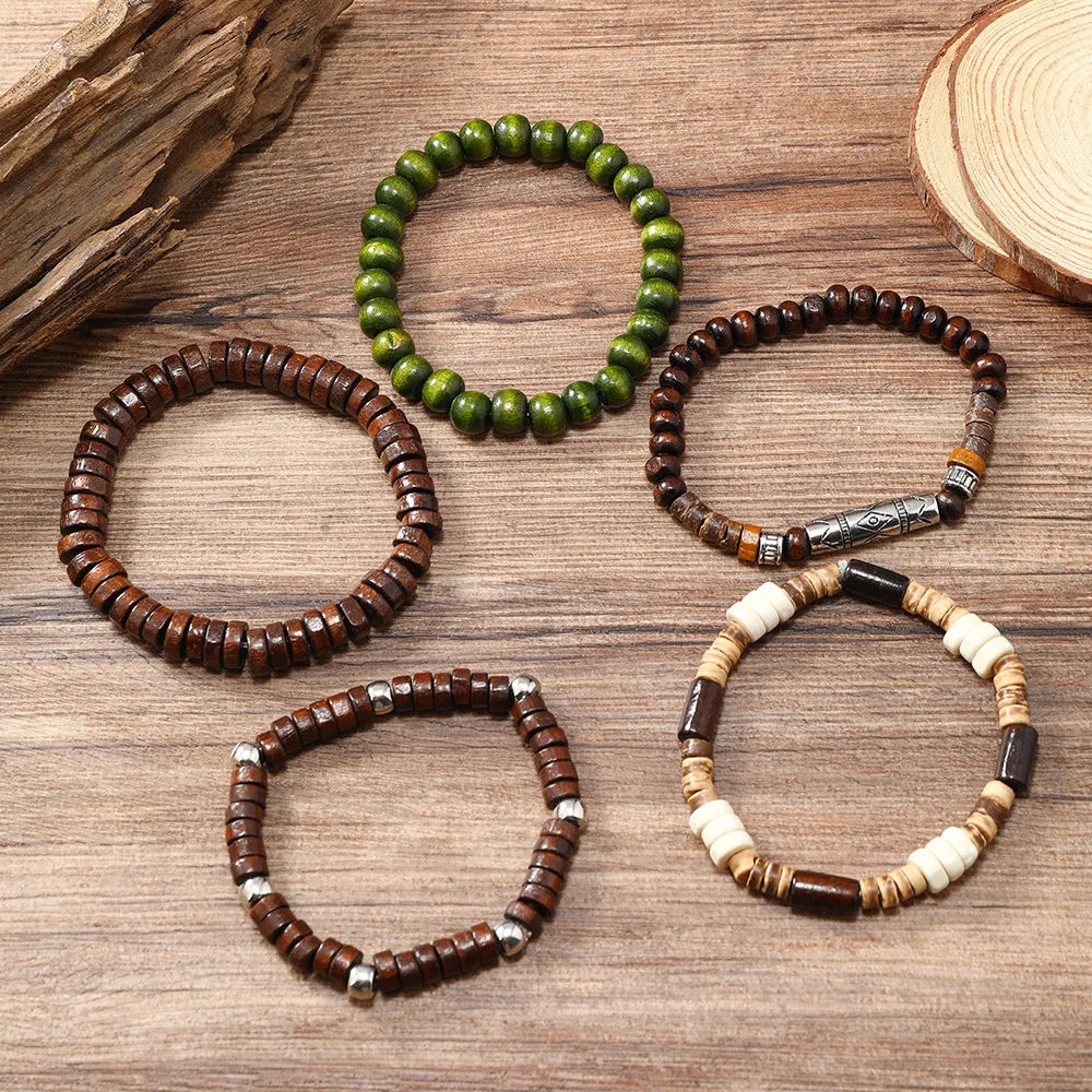 Retro men's multi-layered bracelet made with coconut shell, elastic cord, and wooden beads