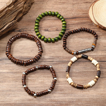 Retro men's multi-layered bracelet made with coconut shell, elastic cord, and wooden beads