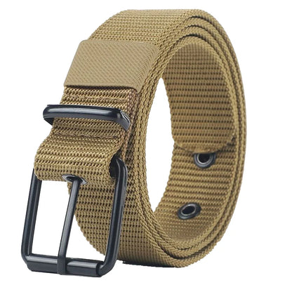 Unisex canvas belt with pin buckle and leather detail. Modern with eyelets and perfect for wearing with jeans.