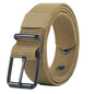 Unisex canvas belt with pin buckle and leather detail. Modern with eyelets and perfect for wearing with jeans.