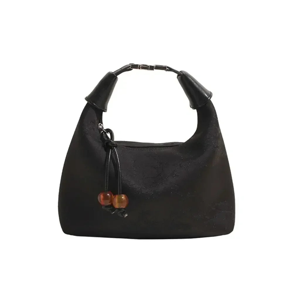 Women's embroidered handbag with zipper, made of silky fabric, adjustable strap
