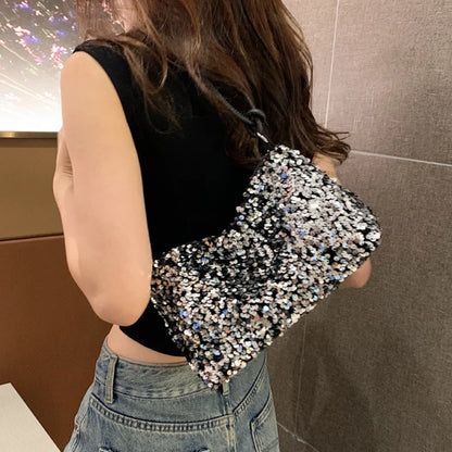 Women's sequin party bag/clutch with leather shoulder strap for weddings, proms, and parties (black and silver)