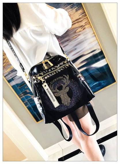 Stylish, modern, and beautiful women's backpack in soft leather with a sparkling rhinestone print