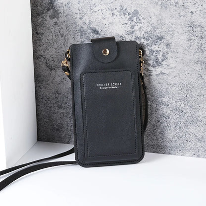 Modern shoulder bag in a solid color, with compartments for cell phone, wallets, and document holder