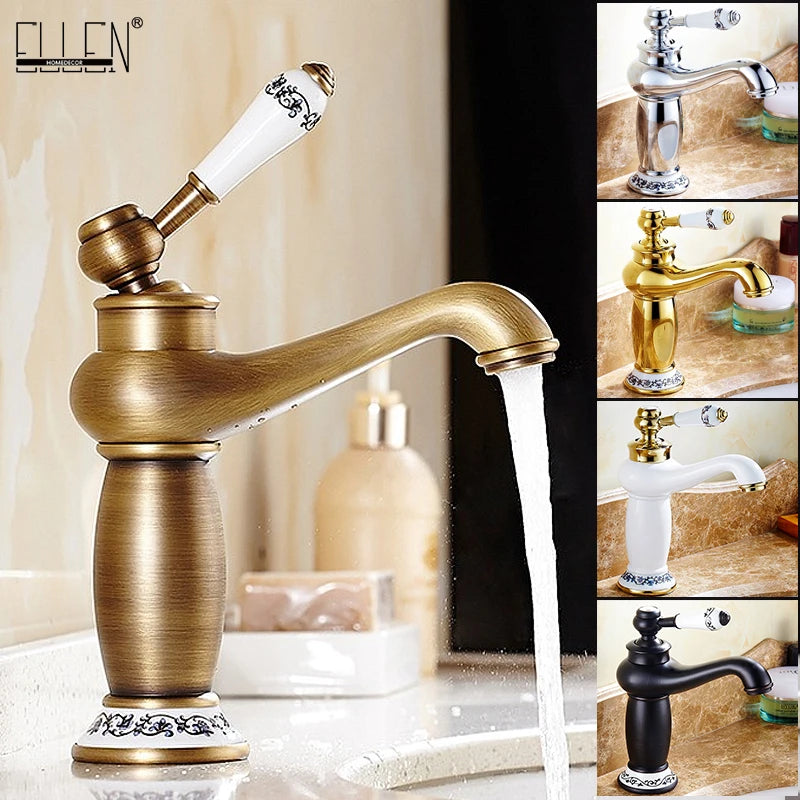 Bathroom faucet with antique bronze finish, made of solid brass, for washbasin, with single lever and water mixer