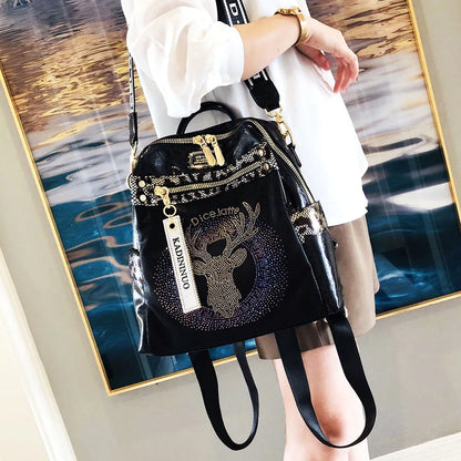 Stylish, modern, and beautiful women's backpack in soft leather with a sparkling rhinestone print