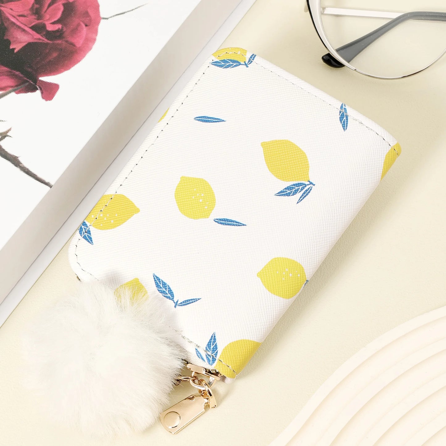 New women's card case With a Pom-pom Charm, Credit card holder, women's short wallet