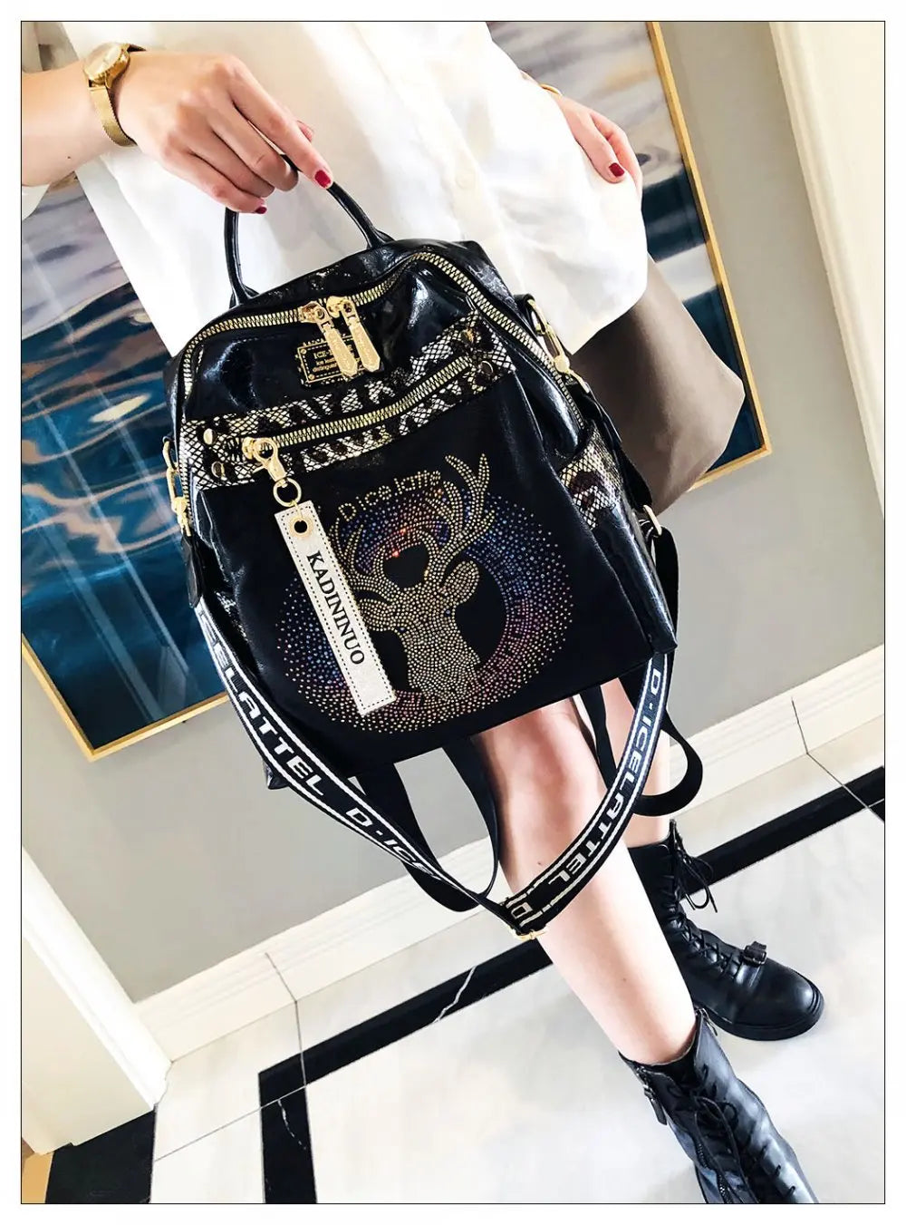 Stylish, modern, and beautiful women's backpack in soft leather with a sparkling rhinestone print