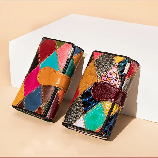 Elegant, compact women's wallet featuring a two-tone design, coin pocket, multiple card slots, and a money clip; crafted from high-quality genuine leather.